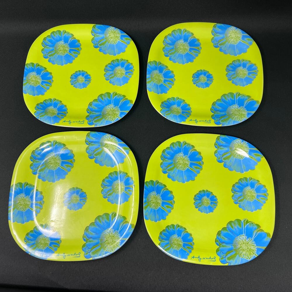 Andy Warhol Melamine Plates Set of 4 Salad 8.25" Green Blue Tacoma Flower Floral